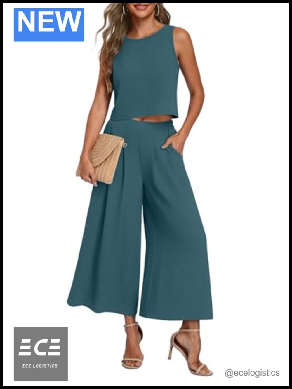 Womens Summer 2 Piece Outfit Flowy Wide Leg Pants & Crop Top Matching Set